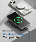 iPhone 14 Case | Air - Clear glitter phone case on a wireless charger with a MagSafe charger attached to the back.