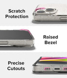 iPhone 14 Case | Air - Close-ups of a glittery phone case highlighting scratch protection, raised bezels, and precise cutouts.