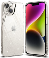 iPhone 14 Case | Air - Clear glitter phone case shown from the back and front with a colorful abstract screen display.