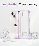 iPhone 14 Case | Fusion Bumper - A clear iPhone 14 and a purple-accented transparent bumper case standing among ice cubes.