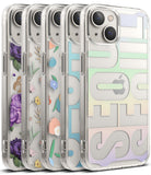 iPhone 14 Plus Case | Fusion Design - Five clear iPhone 14 Plus cases with floral, butterfly, and gradient text patterns.