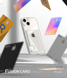 iPhone 14 Case | Fusion Card - Clear iPhone 14 case with a card slot, surrounded by floating credit cards against a white background.