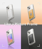 iPhone 14 Case | Fusion Card - Four clear iPhone 14 cases with different colored cards in the back slot against a quadrant background.