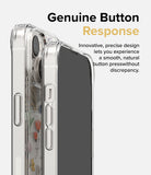 iPhone 14 Case | Fusion Design - Close-up of a clear iPhone 14 case highlighting precise, responsive side buttons and floral back design.