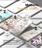 iPhone 14 Case | Fusion Design - Assorted clear iPhone 14 cases with floral, butterfly, and graphic patterns arranged on a white surface.