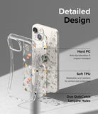 iPhone 14 Case | Fusion Design - Exploded view of a floral phone case showing hard PC, soft TPU, and lanyard hole features.