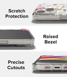 iPhone 14 Case | Fusion Design - Close-ups showing scratch protection, raised bezels, and precise port cutouts on a floral phone case.