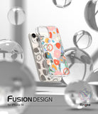 iPhone 14 Case | Fusion Design - Clear phone case with colorful floral patterns floating among glass spheres.