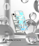 iPhone 14 Case | Fusion Design - Clear iPhone 14 case with light blue graphic text floating among translucent spheres.