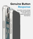 iPhone 14 Case | Fusion Design - Close-up of a clear phone case showing precise, tactile button cutouts and a sleek, transparent frame.