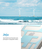 iPhone 14 Case | Fusion Design - Jeju Island seascape with wind turbines and a phone case featuring holographic blue lettering.