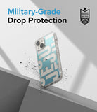 iPhone 14 Case | Fusion Design - Clear iPhone 14 case with blue text, floating above a gray surface with debris, military-grade badge.