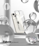 iPhone 14 Case | Fusion Matte - Clear phone case floating in front of a white iPhone 14 amidst abstract glass spheres.