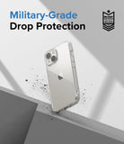 iPhone 14 Case | Fusion Matte - Clear phone case on a geometric gray background with military-grade drop protection text.
