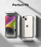 iPhone 14 Case | Fusion Matte - Multiple views of a clear iPhone 14 case on a phone against a textured gray background.
