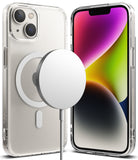 iPhone 14 Case | Fusion Magnetic Matte - Clear matte case with magnetic ring and charger on iPhone 14 front and back.