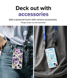 iPhone 14 Case | Fusion Design - Two iPhone 14 cases with floral and blue graphic designs hanging from neck straps on people.