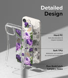 iPhone 14 Case | Fusion Design - Exploded view of a floral iPhone case showing hard PC and soft TPU layers with lanyard holes.