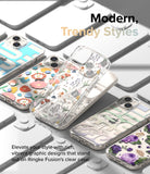 iPhone 14 Case | Fusion Design - Assorted clear iPhone cases with floral, butterfly, and graphic patterns arranged on a white surface.
