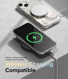 iPhone 14 Case | Fusion Design - Clear phone case with MagSafe charger attached and phone wirelessly charging on a pad.