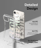 iPhone 14 Case | Fusion Design - Exploded view of a clear phone case showing hard PC, soft TPU, and lanyard hole features.