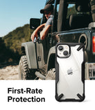 iPhone 14 Case | Fusion-X - Rugged black and clear phone case shown next to a man in a Jeep on a sunny trail.