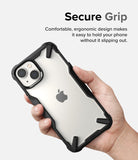 iPhone 14 Case | Fusion-X - A hand holding an iPhone 14 in a black, rugged, ergonomic protective case against a white background.