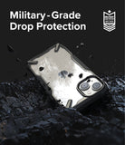 iPhone 14 Case | Fusion-X - Clear phone case on dark, rocky terrain with military-grade drop protection text and badge.