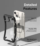 iPhone 14 Case | Fusion-X - Exploded view of iPhone 14 case showing hard PC, flexible TPU, and lanyard hole features.