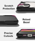 iPhone 14 Case | Fusion-X - Close-ups showing camera protection, raised screen bezels, and precise port cutouts on a black case.
