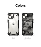 iPhone 14 Case | Fusion-X - Two iPhone 14 cases in Black and Camo Black with rugged frames and clear or patterned backs.