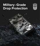 iPhone 14 Case | Fusion-X - Camouflage iPhone 14 case on dark, rocky terrain with military-grade drop protection text and badge.