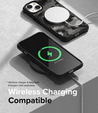 iPhone 14 Case | Fusion-X - iPhone 14 in a black Fusion-X case wirelessly charging with a MagSafe puck and a charging pad.