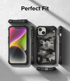 iPhone 14 Case | Fusion-X - iPhone 14 in a black camo Fusion-X case shown from multiple angles on a textured gray background.