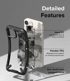 iPhone 14 Case | Fusion-X - Exploded view of a phone case showing hard PC, flexible TPU, and lanyard hole features.