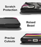 iPhone 14 Case | Fusion-X - Three close-up views showing scratch protection, raised bezels, and precise port cutouts.