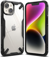 iPhone 14 Plus Case | Fusion-X - Clear protective case with black rugged bumpers shown from front and back angles.