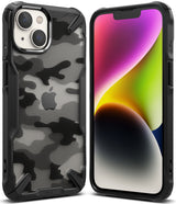 iPhone 14 Plus Case | Fusion-X - Black rugged case with a camo back pattern and a smartphone displaying a colorful gradient screen.