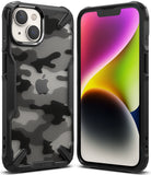 iPhone 14 Case | Fusion-X - Black camouflage iPhone 14 case with rugged bumpers and a clear back, shown from front and back views.