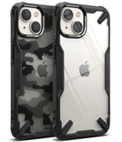 iPhone 14 Case | Fusion-X - Two iPhone 14 cases with black rugged bumpers, one with a camo pattern and one clear back.