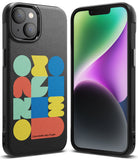 iPhone 14 Plus Case | Onyx Design - Black phone case with colorful geometric shapes and text on a textured back.