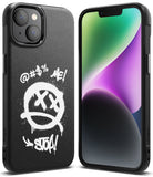 iPhone 14 Plus Case | Onyx Design - Black case with white graffiti-style smiley face and text on a textured back.