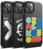iPhone 14 Case | Onyx Design - Three black iPhone 14 cases with distinct white, graffiti, and colorful geometric graphic designs.