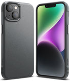iPhone 14 Plus Case | Onyx - Front and back view of a textured dark gray phone case on an iPhone with a colorful screen.