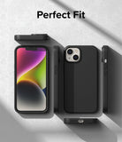 iPhone 14 Case | Silicone - Multiple views of a black silicone iPhone 14 case showing front, back, and side profiles.