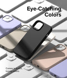 iPhone 14 Case | Silicone - A black silicone iPhone 14 case surrounded by other cases in pastel and neutral colors.