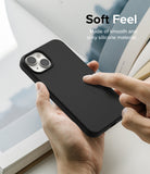 iPhone 14 Case | Silicone - Hand holding a black silicone iPhone 14 case with text overlay reading Soft Feel and smooth material.