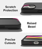 iPhone 14 Case | Silicone - Close-ups showing scratch protection, raised bezels, and precise cutouts on a black phone case.