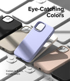 iPhone 14 Case | Silicone - Multiple silicone iPhone 14 cases in lavender, black, beige, and white arranged on a flat surface.