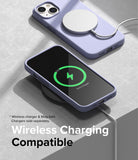 iPhone 14 Case | Silicone - Lavender iPhone 14 case shown charging wirelessly with a MagSafe puck and on a charging pad.